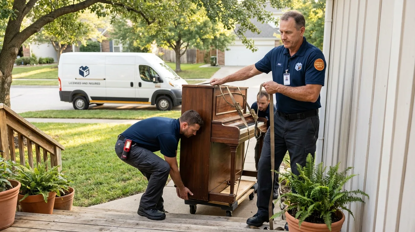 Licensed piano movers securing grand piano in Sand Point, AK